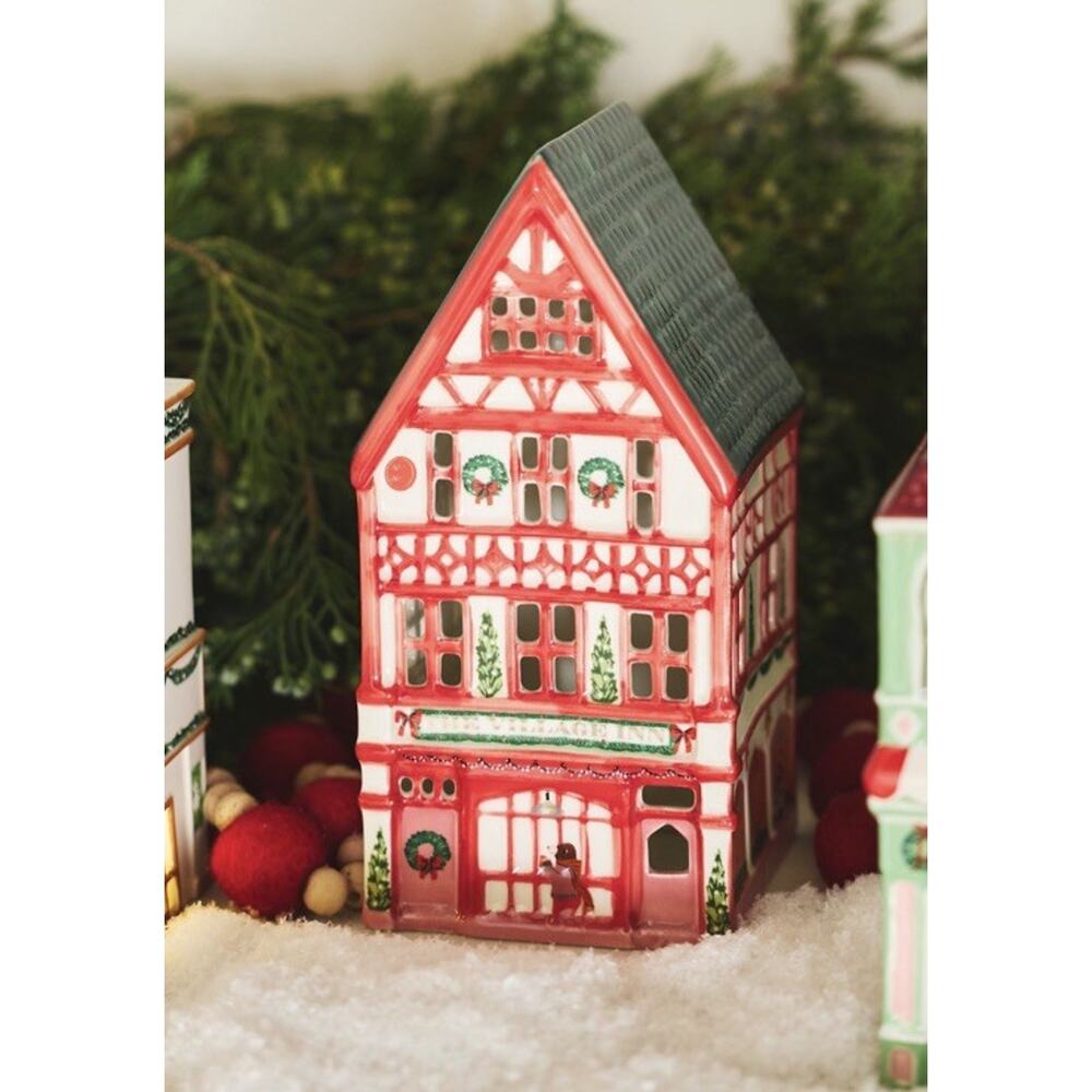 Anthropologie Red and Green Ceramic Holiday Cottage